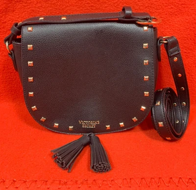 Victoria's Secret Black Faux Leather Studded Crossbody Saddle Bag Purse Tassel - Image 1 of 4