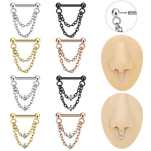 2Pcs/lot 16g Surgical Steel Nose Ring with Chain Push in Septum Piercing Jewelry