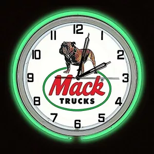 19" MACK TRUCK Sign Green Neon Clock Mancave Bar Semi Tractor Trailer Dump Truck - Picture 1 of 2