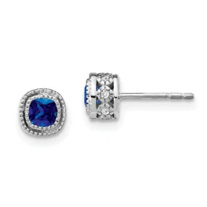 10K Solid White Gold Cushion-cut Blue Sapphire Diamond Stud Solitaire Earrings - Picture 1 of 4
