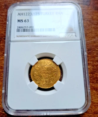 TURKEY: Mahmud II, 1808 - 1839, gold hayriye altin, TOP 1, AH1223 NGC MS63 - Image 1 of 4