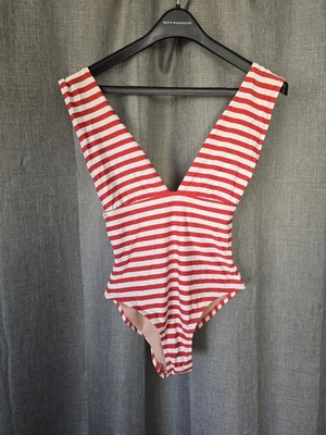 Купальник цельный женский J.Crew 6 красно-белый с глубоким v-образным вырезом в классическую полоску - Изображение 1 из 4