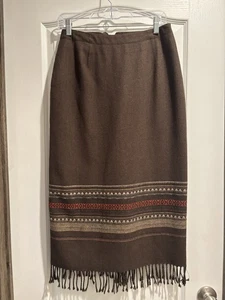 Vintage Michele Brown Wool Long Midi Skirt With Colorful Stitching And Fringe 6 - Picture 1 of 11