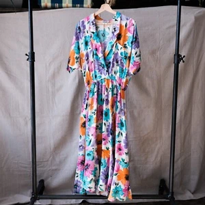 Vintage 80s Floral Bat Wing Collared Dress Women's XL Spring Summer Shirt - Picture 1 of 8