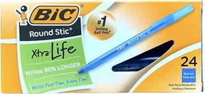 BIC Round Stic Xtra Life Capped Ball Pens, Blue Ink, Medium, Pack of 24 - Picture 1 of 5