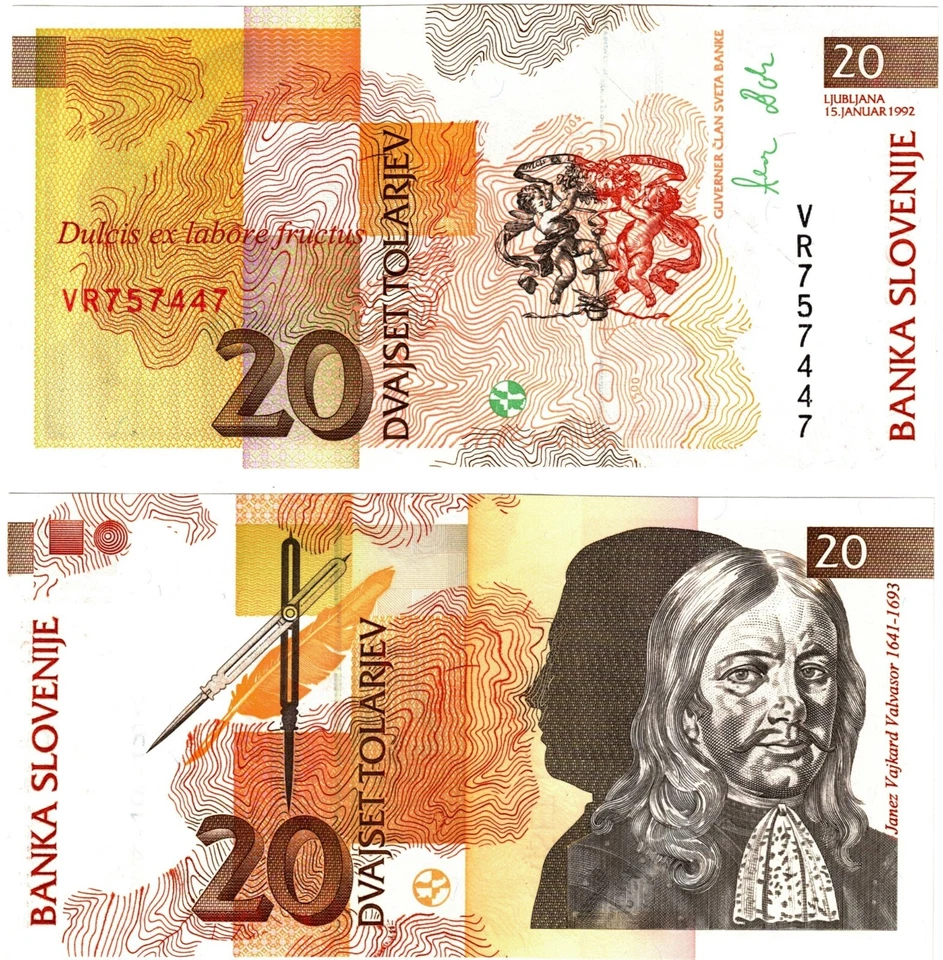 Банкнота Словении 1992 20 Толарьев не бывшая в обращении P12 - Изображение 1 из 1