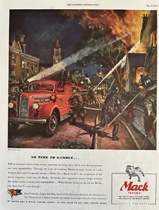 1944 Mack Trucks Fire Pumper Fireman Blaze No Time Gamble WWII Vintage Print Ad - Picture 1 of 1