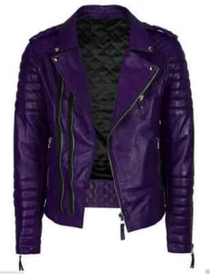 Chaqueta de cuero acolchada de piel de cordero púrpura genuina para hombre para motocicleta calce ajustado - Imagen 1 de 6