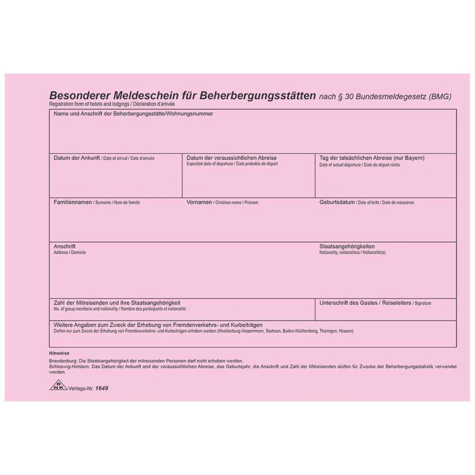 RNK-VERLAG RNK Fremdenmeldeblock Meldeschein für Beherbergungsstätten A5 quer 100 Blatt all