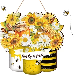 Bee Welcome Wood Door Yellow Bee Summer Hanger Wooden Sign Farmhouse Wall Porch - Picture 1 of 12