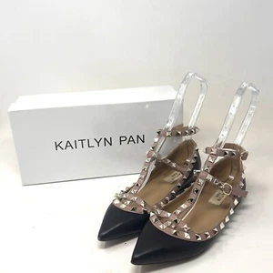 Kaitlyn Pan Black Leather Pointed Toe Studded Trim Ballet Strappy Flats Size 7 - Picture 1 of 9