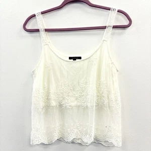 AMBIANCE White Mesh Cami Top with Embroidery Shelf Bra Cropped Womens Small - Picture 1 of 10