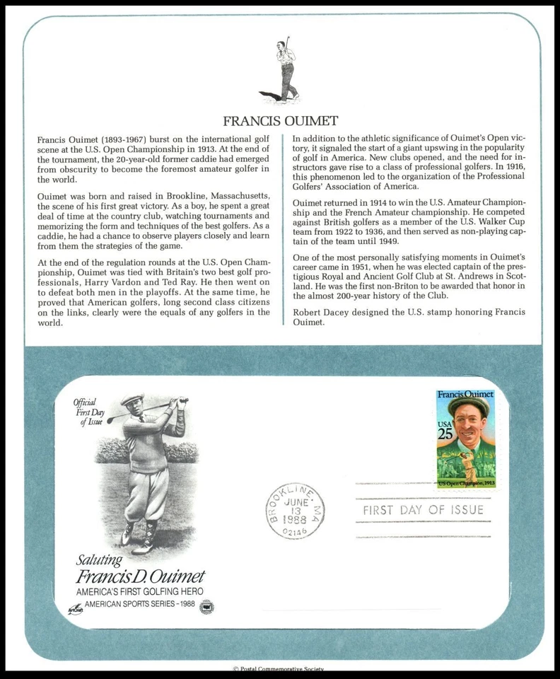1988 Francis Ouimet Sc 2377 FDC PCS page, US Open amateur golf champion history - Image 1 of 1