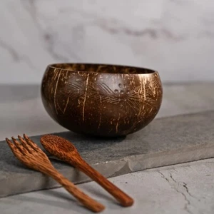 900ml Jumbo Palm Leaf Coconut Bowl with Spoon Fork Natural Handmade Perfect Gift - Picture 1 of 9