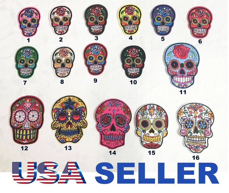 Mexican Sugar Skull DAY of The DEAD Embroidered Patch Iron On dia de los muertos - Image 1 of 1