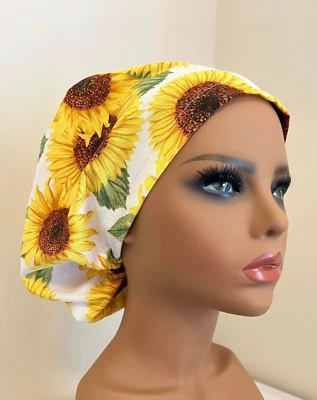 Sunflower SCRUB HAT Cap Ladies Euro Chef  Nurse Bonnet BBCB Medical - Chemo Wrap - Image 1 of 4