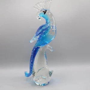 Hand Blown Art Glass Parrot Bird Clear Blue 12 in Heavy Figurine Paperweight - Picture 1 of 9