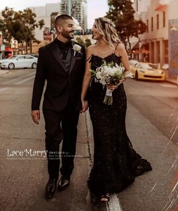 Luxurious Black Bridal Gown Lace Wedding Dress Custom made Straps Buttons Plus - Picture 1 of 9