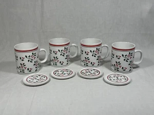 Vintage Woolworth 8 piece Holly Berry Stoneware Mug Set With Coaster/Warming Lid - Picture 1 of 9