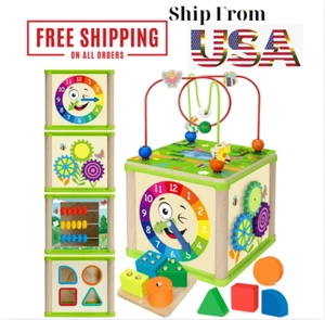 Learning Toys for Toddler 1, 2, 3 Years Old, 5 in 1 Wooden Activity Cube Girl - Picture 1 of 7