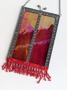 Vtg Red Stained Glass Pearlescent Iridescent Rectangle Panel Suncatcher Signed - Picture 1 of 13