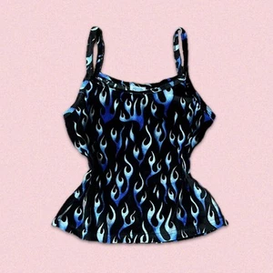 VTG Y2K Blue & Black Flame Patterned Velvet Cami Sz M Grunge Goth Alt 2000s - Picture 1 of 4