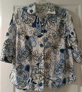 Kim Rogers Women's White Blue Floral Button Up Blouse 100% Cotton Size 14 - Picture 1 of 3