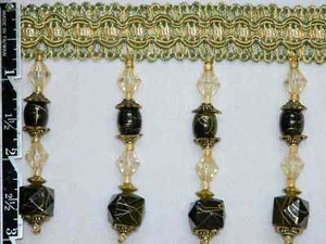 3" Exquisite Tassel Fringe Marble Bead Trim Olive Green Per Yard - Picture 1 of 3