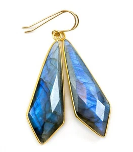 Labradorite Earrings Blue X Large Long Bezel Pointed drops 2.5 14k Gold Sterling - Picture 1 of 6