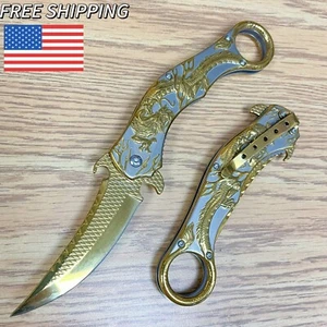 9" Karambit Tactical Gold Dragon Spring Assisted Open Blade Folding Pocket Knife - Picture 1 of 6