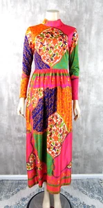 Vintage 60s 70s Neon Psychedelic Midi Dress Long Sleeve Poly Jersey Small S - Picture 1 of 7