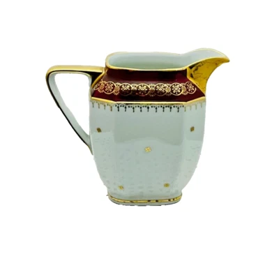 ancien  pot à lait porcelaine Limoges blanc bordeaux dorure fleurs 13,5x16x7cm - Photo 1/4