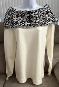 Anne Klein Ivory Black Sweater Blouse Off The Shoulder Long Sleeved Stretch NEW - Picture 1 of 19
