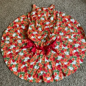 Vintage 1960s Floral Dress Full Sweep Hem Red Satin Ribbon - Picture 1 of 8