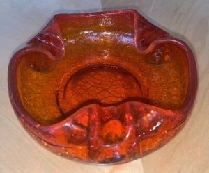 Großer Vintage Blenko Wikinger Glas Crackle Orange Rot Kunstglas MCM Aschenbecher 7" W - Bild 1 von 9