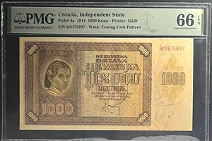 CROATIA / INDEPENDENT STATE PICK# 4a 1941 1000 KUNA PMG66 EPQ - Picture 1 of 2