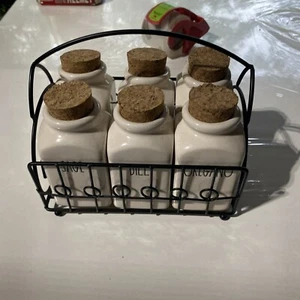 EUC Rae Dunn Artisan Collection Magenta 6 Ceramic Spice Herb Jars W/ Metal Rack - Picture 1 of 4