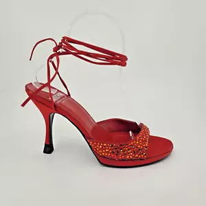 MOSCHINO Vintage Heels Size 36.5 US 6.5 Red Satin Rhinestone Ankle Tie Y2K - Picture 1 of 11
