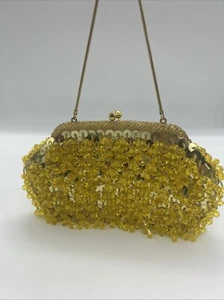 Vintage Beaded Sequin Evening Bag Clutch Disco Gold Kiss Lock Hong Kong - Picture 1 of 21