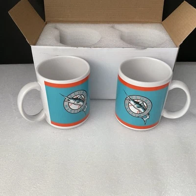 Vintage (2) Florida Marlins Coffee Mugs, Teal With Orange Stripes - Image 1 of 4