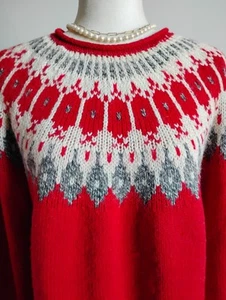 Eddie Bauer Wool Blend Fair Isle Sweater Red Cream Chunky Knit Classic Size XL - Picture 1 of 13