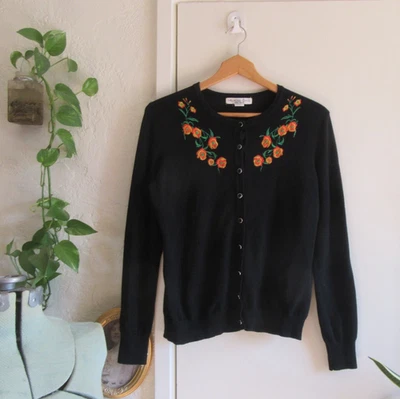 Melrose Chic Black Floral Cardigan Orange Yellow Embroidery Boho Classic EUC, M - Image 1 of 4
