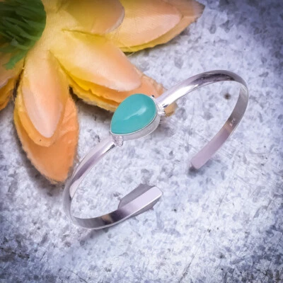 Splendido Acqua Calcedonio Gemma 925 Argento Sterling Handmade Bracciale - Immagine 1 di 3