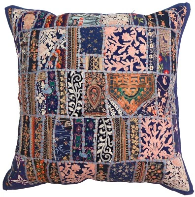 24" Square Khambadia Indian Embroidered Cushion Cover Pillow Sham Throw Blue - Image 1 of 4
