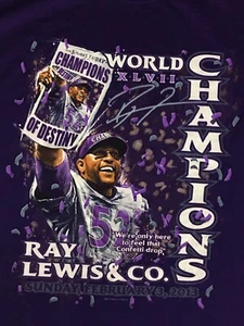 Men's RAY LEWIS Baltimore Ravens Super Bowl XLVII Champs Purple TShirt - Large - Picture 1 of 5