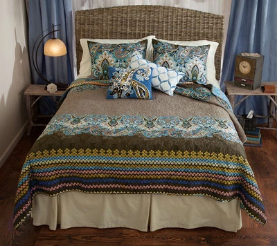 JUEGO DE EDREDÓN BOHO AZUL MARRÓN PAISLEY COMPLETO/QUEEN: 100% ALGODÓN NADIA RAYAS DE LUJO Foto 1 de 4