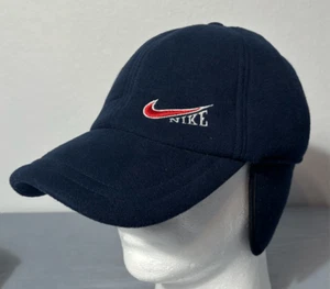 Vintage Nike Winter Hat Cold weather Insulated Blue Ear Flaps Cotton Swoosh - Picture 1 of 7