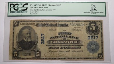 $5 1902 Greenwich New York NY National Currency Bank Note Bill Ch #2517 F12 PCGS - Image 1 of 4
