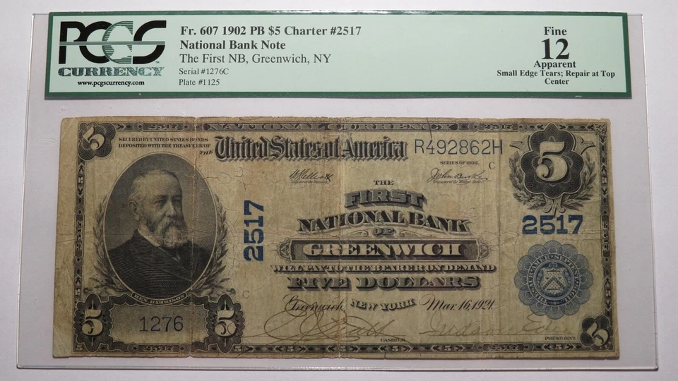 $5 1902 Greenwich New York NY National Currency Bank Note Bill Ch #2517 F12 PCGS - Image 1 of 4