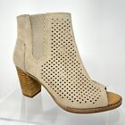 Toms Majorca Suede Desert Taupe Heeled Bootie Peep Toe Perforated Comfortable Zi